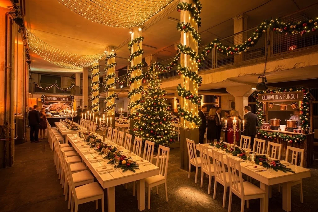 Weihnachtsfeier in der Alten Münze Berlin mit langer Tafel, Weihnachtsbäumen und Lichterketten-Decke