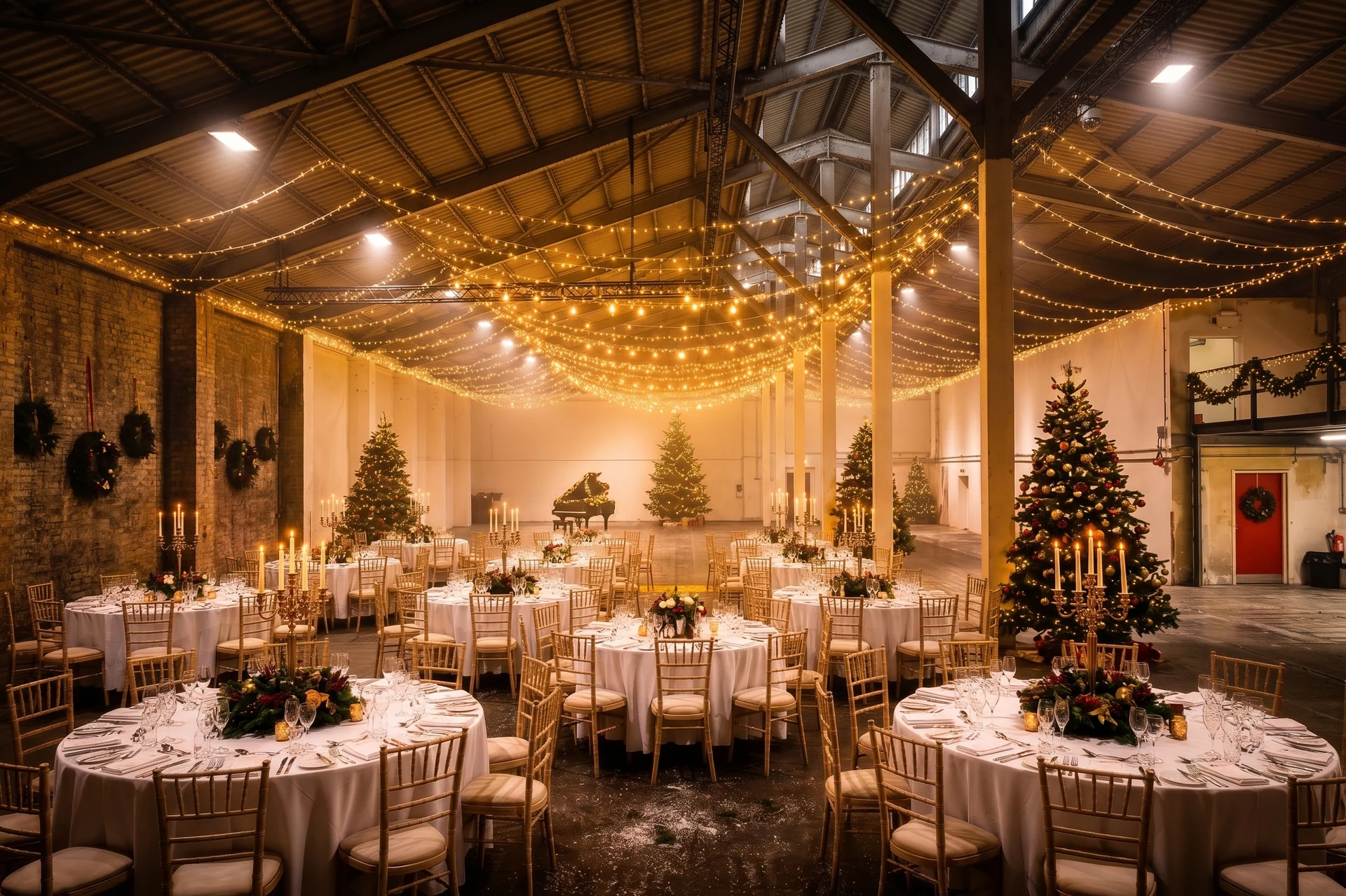 Weihnachtsfeier im Komplex Berlin-Friedrichshain mit gedeckten Tischen, Weihnachtsbäumen und Lichterketten-Decke
